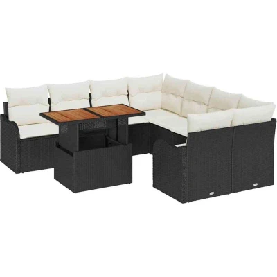 Image of vidaXL 9 Piece Garden Sofa Set with Cushions Black Poly Rattan Acacia