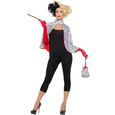 Image of Smiffys Deluxe Evil Madame Kit, Black &amp; White with Cape, Bag, Gloves Cigarette Holder, Fairytale, Wings and Wands Fancy Dress, Storybook Character Dress Up Accessories