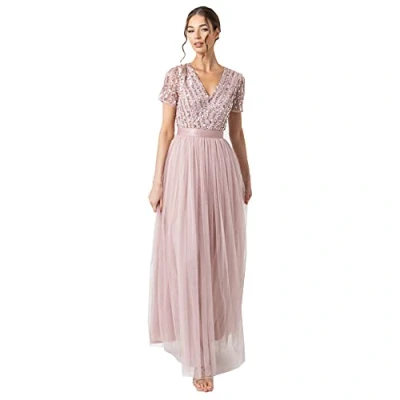 Image of Maya Deluxe Women&#039;s Frosted Pink Stripe Embellished Maxi Dress with Sash Belt Bridesmaid, 10