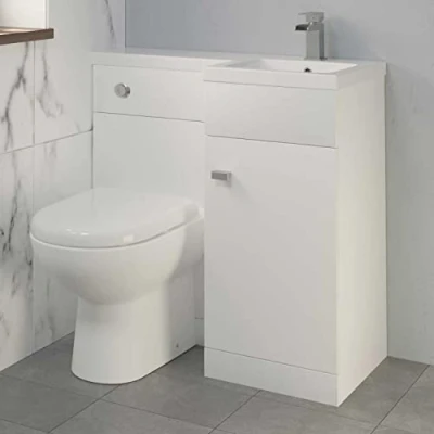 Image of AURORA 900mm L Shape Bathroom Vanity Sink Unit Furniture Storage, Right Hand White Gloss + Basin Ceramic D Shaped Toilet with Concealed Cistern