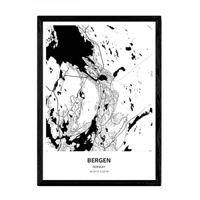 Image of Nacnic Poster with map of Bergen Norway. Sheets cities northern Europe seas and rivers in black color. A3 size