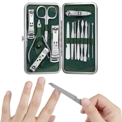 Image of H&amp;S Manicure Set Pedicure and Kit for Women &amp; Men 14 pcs Stainless Steel Nail Clippers Cuticle Remover Cutter Trimming Grooming Tools w/Dark Green Leather Case