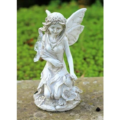 Image of Solar Powered Fairy Garden Resin Ornament Angel Cherub with LED Light, Hand Painted Figurine Statue for Pond Porch Patio Yard Decorations 24cm Tall