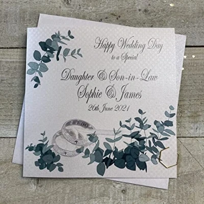 Image of WHITE COTTON CARDS PERSONALISED WEDDING CARD DAUGHTER &amp; SON IN LAW RINGS GREENERY DESIGN (P20 65 DS XP20 DS)