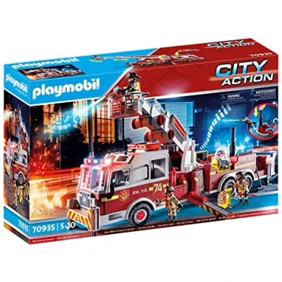 Image of Playmobil City Action 70935 Rescue Vehicles: Fire Engine With Tower Ladder, Light and Sound, Toys for Children Ages 5+