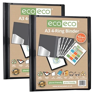 Image of eco A3 95% Recycled 4 D Portrait Ring Binder File Folder Black, Artwork Portfolio, Pack of 2 Folders, eco087x2