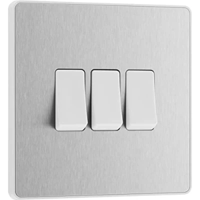 Image of BG Electrical Triple Wall Light Switch, 2 Way, Screwless Front Plate, Round Edges, Evolve, Brushed Steel, 20A, 16AX, PCDBS43W
