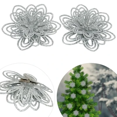 Image of Snow White Plastic Clip On Flower Hanging Decoration Christmas Tree Ornaments Xmas 2Pk 10cm (Silver)