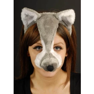 Image of Grey Wolf Mask On Headband with Ears