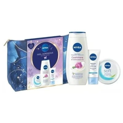 Image of Nivea Feel Gorgeous Cosmetic Skincare 4PC Gift Set Bag (Cashmere &amp; Cottonseed Oil Shower Cream 250ml, Refreshing 24H Moisture Day SPF 15 50ml, Soft Moisturising 200ml)