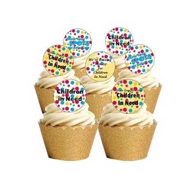 Image of 24 Pre Cut Children in Need Charity Fundraising Spotty Edible Wafer Paper Round Cake Toppers Decorations