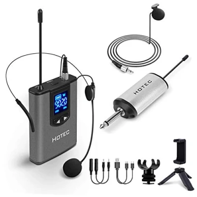 Image of Hotec UHF Wireless Headset Microphone/Lavalier Lapel Mic with Bodypack Transmitter and Mini Rechargeable Receiver 1/4&quot; Output, for Live Performances, Support Phone