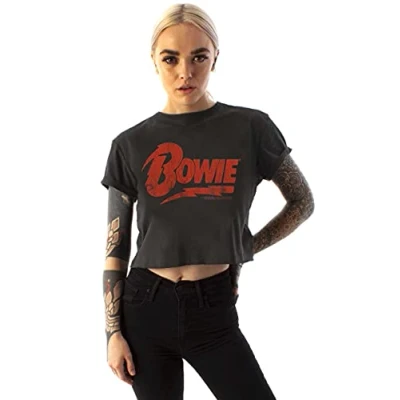 Image of Amplified David Bowie T Shirt Cropped for Women Ladies Band Music Logo Crop Grey Top Festival Merchandise XL