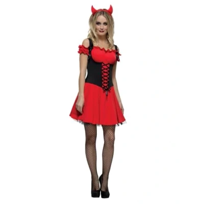 Image of Smiffys Fever Wicked Devil Costume, Red with Dress, Attached Underskirt and Horns, Fancy Dress Up Costumes