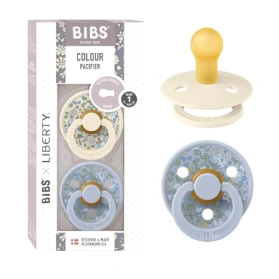 Image of BIBS Liberty Pacifier 2 Colour Natural Rubber Latex Soothers BPA Free Dummy Round Nipple Designed &amp; Made in Denmark Eloise Dusty Blue