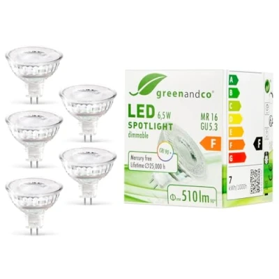Image of greenandco 5X CRI 90+ dimmable LED Spot MR16 GU5.3 6.5W 510lm 3000K Warm White COB 38 12V AC/DC