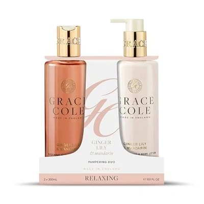 Image of Grace Cole Ginger Lily &amp; Mandarin Body Care Duo Gift Set 2x300ml Essential Oils Vegan Made In England