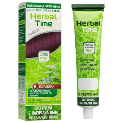 Image of Herbal Time Henna Natural Cream Color Aubergine Nº 9 Coloring with Nettle Extract Gray Hair Cover Temporary Dye Ammonia Free, Sulfates Parabens Free 75 ml