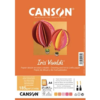 Image of Canson Iris VivaldiA4 Pack of 25 Sheets 185 g/m² Assorted Colours Yellow/Pink/Red