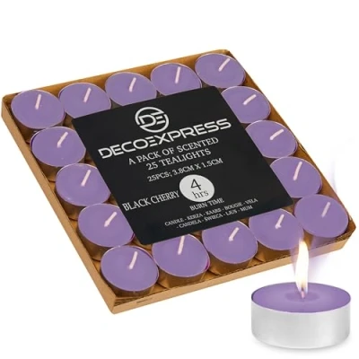 Image of DECO EXPRESS Tealight Candles Multipack of 200, 100, 50, 25 or 24, Burning Time 4, 8 10 Hours Tea Lights (Black Cherry 25/4 Hour)
