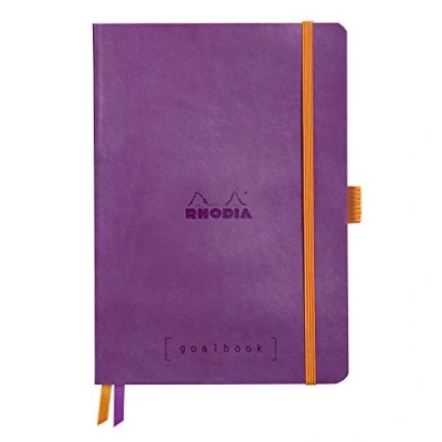 Image of RRHODIA 117770C Soft Notebook Bullet Journal Goalbook Purple A5 Small Squares 240 pages 90g Ivory Clairefontaine Paper 2 Ribbons, Elastic Closure Faux Leather Cover
