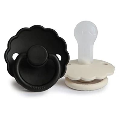 Image of FRIGG Daisy Silicone Pacifier Pack of 2 Soother Dummy BPA Free Made in Denmark Symmetrical Cherry Shaped Nipple (Cream/Jet Black, Size (6 18 Months))
