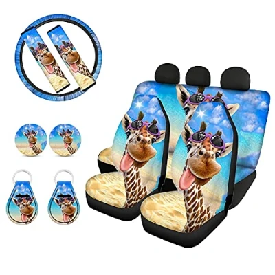 Image of Biyejit Hawaiian Giraffe Car Seat Covers Universal Front and Back Full Set with Steering Wheel Cover + Seatbelt Strap Cover+ Coasters+ Key Chains, 11PCS Auto Accessories for SUV,Washable
