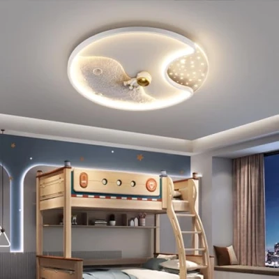 Image of GUANSHAN 3D Astronaut Moon Ceiling Light LED Chandelier Lamp Cartoon Eye Protection Lighting Fixture for Bedroom, Children&#039;s Room