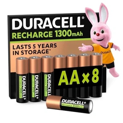 Image of Duracell AA Rechargeable Batteries (Pack of 8), 1300 mAh NiMH, 2000 cycles, pre charged, Long Lasting Power with a 0% plastic 100% recyclable packaging