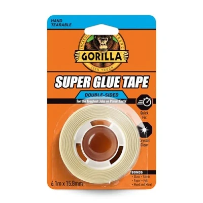 Image of Gorilla Super Glue Tape, 6.1m x 15.88mm Heavy Duty, Crystal Clear, No Mess Double Sided Ideal for Permanent Repairs, Quick Fixes &amp; Craft Bonds Glass, Fabric, Paper, Cardboard More
