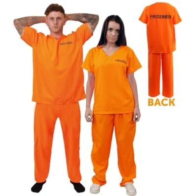 Image of Mens Prisoners Convict Costume Large Orange Prisoner Top, Matching Trousers Cops &amp; Robbers Halloween Fancy Dress