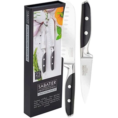 Image of Taylors Eye Witness Professional Sabatier Kitchen Knife Set 2 Piece 12cm/5 Santoku &amp; 9cm/3.5 Paring Knives. Sharpe, Full Tang Blade. High Carbon, Taper Ground Stainless Steel. Twin Rivet Handles
