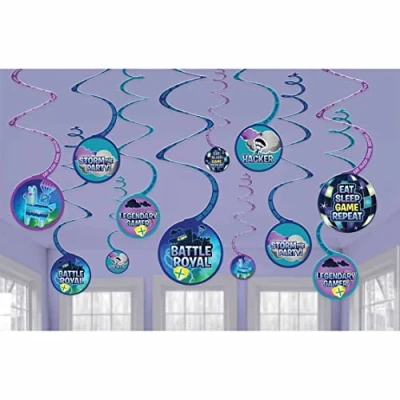 Image of Amscan 9912581 Kids Battle Royal Gamers Birthday Hanging Swirls Party Decorations 6 Pack