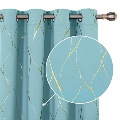 Image of Deconovo Blackout Curtains, Eyelet Thermal Insulated Gold Wave Foil Printed Room Darkening Curtains for Livingroom, 46 x72 Inch (Width x Length), Sky Blue, One Pair