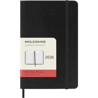 Image of Moleskine Daily Planner, Agenda 2026 12 Months, With Soft Cover and Elastic Closure, Pocket Size 9x14, Black Color