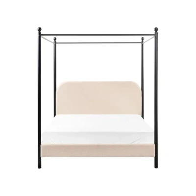Image of Retro Minimalist eu Double Size Canopy Bed Black Metal Frame Slats Poplar Wood Boucle Upholstery Beige Dannemois