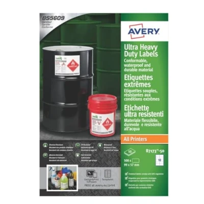 Image of Avery B7173 50 Extra Strong Adhesive, Ultra Heavy Duty Industrial Waterproof GHS Labels, 10 Labels Per A4 Sheet, White