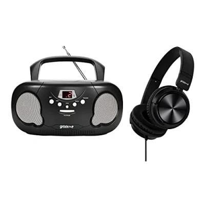 Image of groov e Orginal Boombox &amp; Headphone Bundle Portable CD Player with Radio, Stereo Headphones, 3.5mm Aux Port, Socket LED Display, 2 x 1.2W Speakers Battery or Mains Powered Black