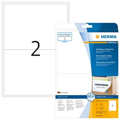 Image of HERMA Self Adhesive Removable Labels, 2 Labels per A4 Sheet, 25 Sheets, 199.6 x 143.5 mm, 50 Blank Multipurpose Stickers, Sticky for Laser &amp; Inkjet Printer, White