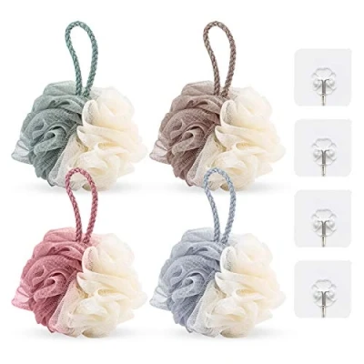 Image of 4 Pack Mesh Pouf Bath Sponge Loofah Body Exfoliating Shower Ball with Wall Hooks