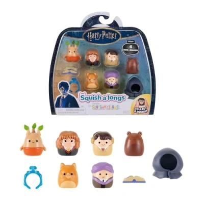 Image of Squish a longs “Harry Potter Mini + Accessory 6 Pack Squish—Hermione Granger, Chocolate Frog, Mandrake, accessories and more