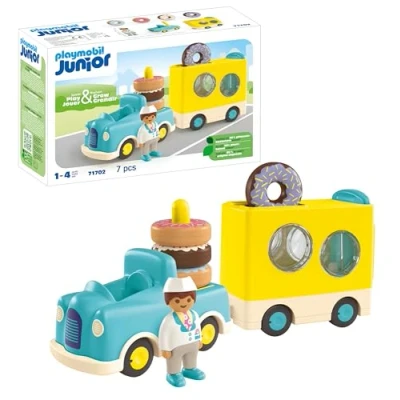 Image of Playmobil 71702 JUNIOR: Crazy Donut Truck with Stacking and Sorting Feature, educational toys, made from over 90% plant based plastics, gifting toy, suitable for children ages 12