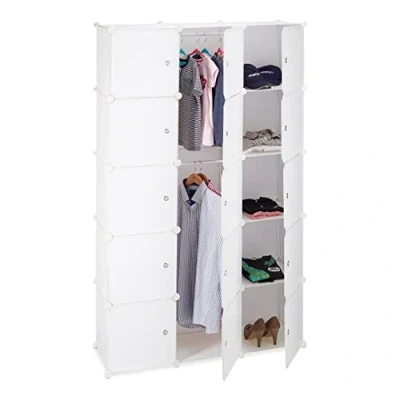 Image of Relaxdays 11 Compartment Shelving Unit Wardrobe, Modular Plug In Plastic Shelf, 2 x Clothes Rails, White