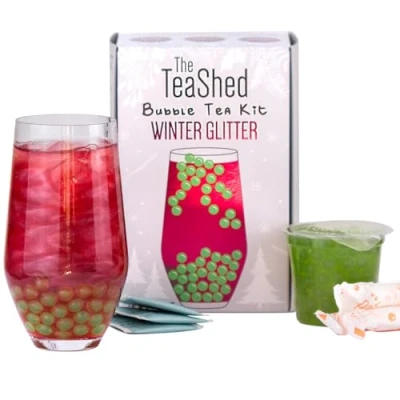 Image of Winter Glitter Christmas Bubble Tea Kit Gift Box Cranberry Syrup, Apple Popping Boba, Premium and Paper Straws Makes 3 Teas Vegan by THE TEASHED