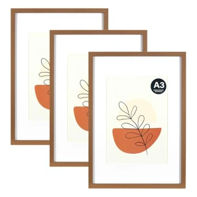 Image of KAIWIN Picture frame Brown A3 Set of 3 with passe partout 21x30 cm (A4), Photo acrylic glass For hanging, photos, posters, puzzles Poster
