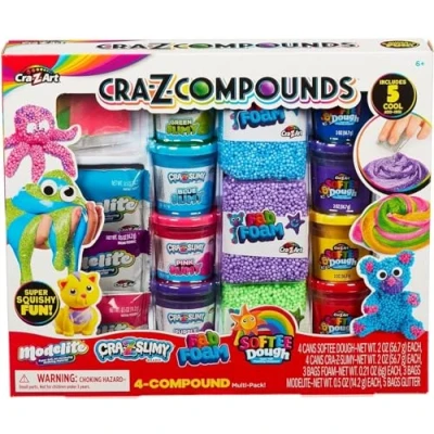 Image of Cra Z Slimy Slime compound Set Toy, 4 pack includes multiple unique compounds. cans of Softee Dough, Slimy, 3 bags Fab Foam, Modelite and 5 glitter