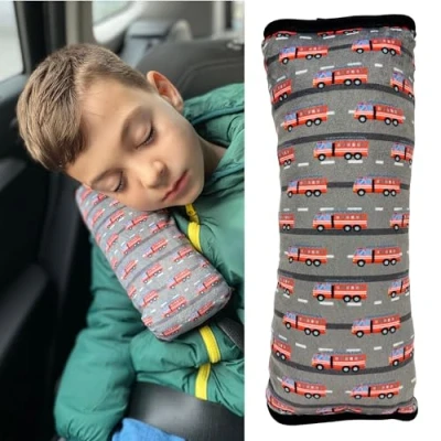 Image of HECKBO Cars Firefighter car Seatbelt Pillow for Children Machine Washable Girl boy Kids Soft seat Belt Cover Sleeping Pillows Protection Travel Cushion Vacation