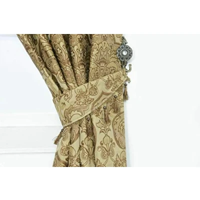Image of Curtain Pair Tieback Heavy Jacquard Pencil Pleat Pelmet (Gold, Tiebacks)