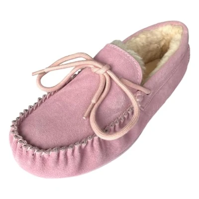 Image of Sheepskin World Susie Ladies Wool Mix Suede Womens Moccasin Slippers (Pink, UK Footwear Size System, Adult, Women, Numeric, Medium, 5)