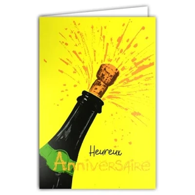 Image of AFIE 69 8113 Happy Birthday Fluorescent Card with Envelope 12 x 17.5 cm Illustration Opening Bottle of Champagne Happiness Bubbles Real Neon Inks Created and Made in France
